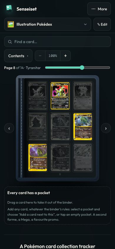 A nine-pocket binder page of Tyranitar cards, three owned in colour and six faded